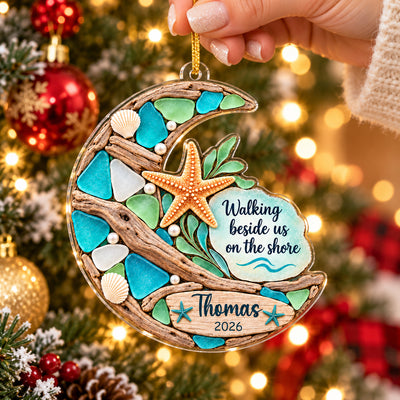 Walking Beside Us On The Shore, Personalized Acrylic Ornament,  Memorial Gift, Faux Sea Glass Starfish Moon Ornament