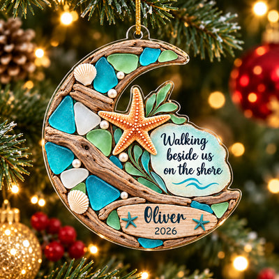 Walking Beside Us On The Shore, Personalized Acrylic Ornament,  Memorial Gift, Faux Sea Glass Starfish Moon Ornament