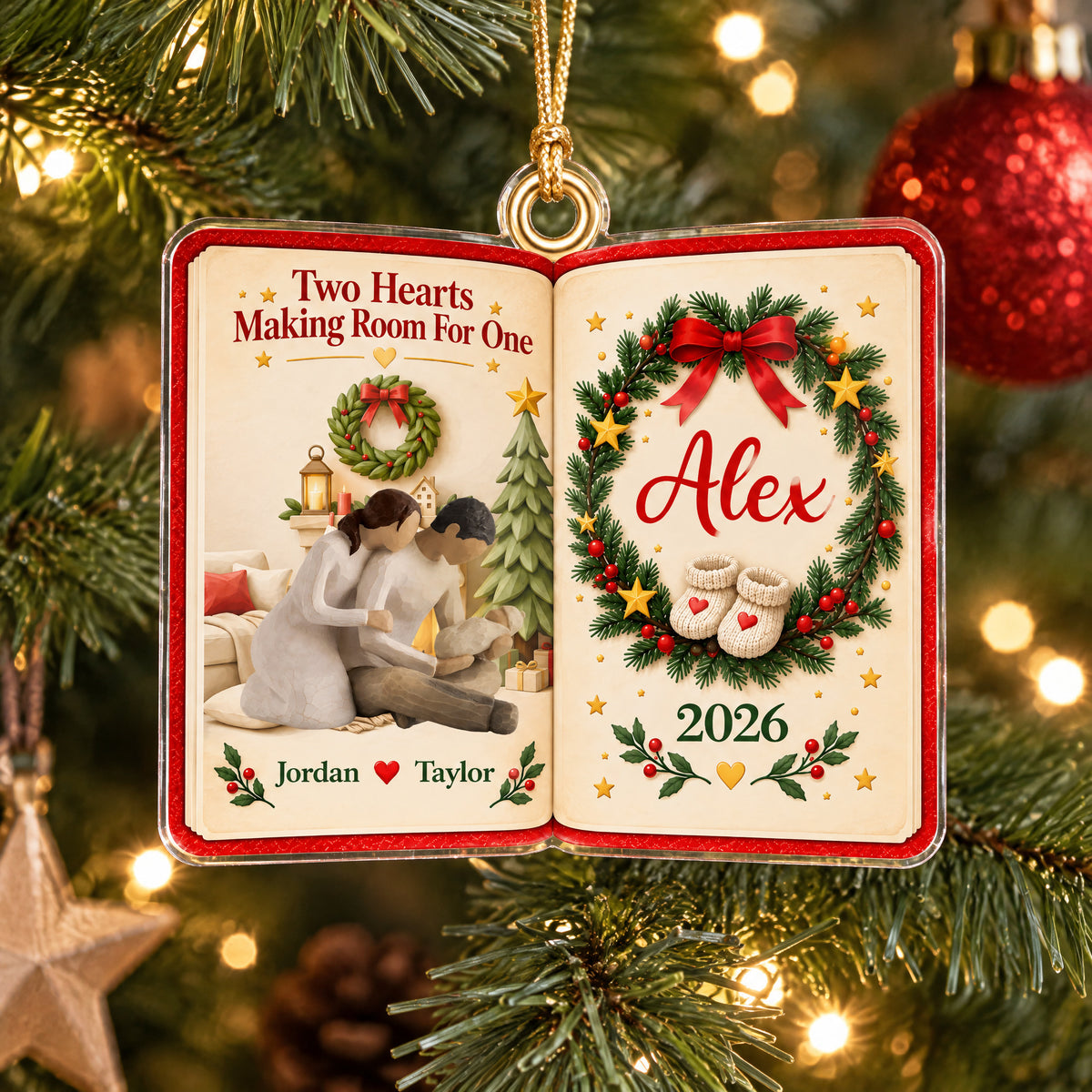 Personalized acrylic ornament Two Hearts Making Room For One hanging on a lit tree beside a red bauble