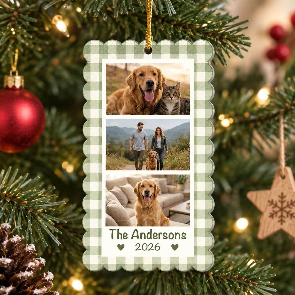 Personalized acrylic photo collage ornament on a tree branch beside a red bauble and a wooden star ornament