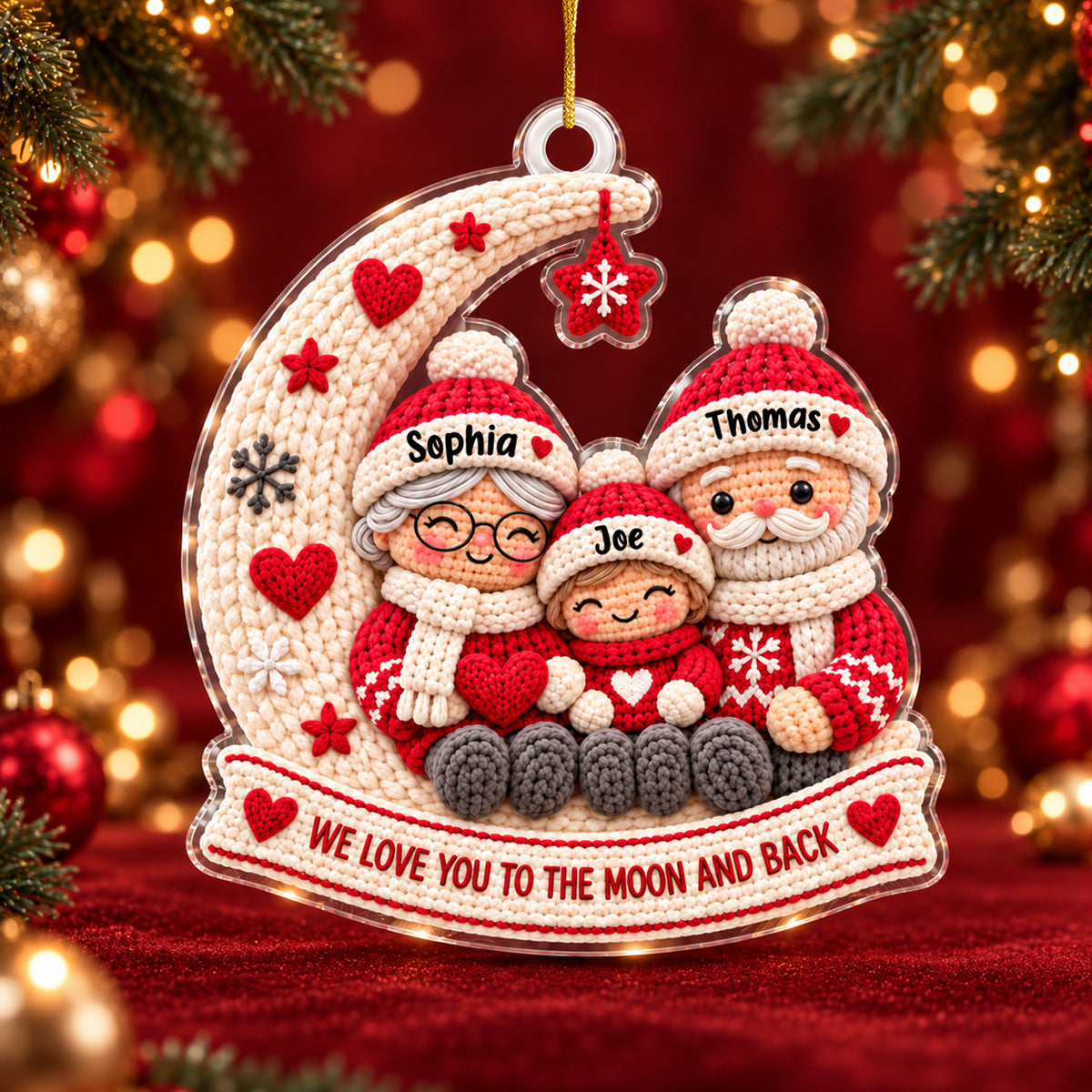 Knitted Grandparents and Granddaughter Family Moon - Personalized Acrylic Ornament, Christmas Gift for Grandma