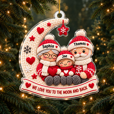 Knitted Grandparents and Granddaughter Family Moon - Personalized Acrylic Ornament, Christmas Gift for Grandma