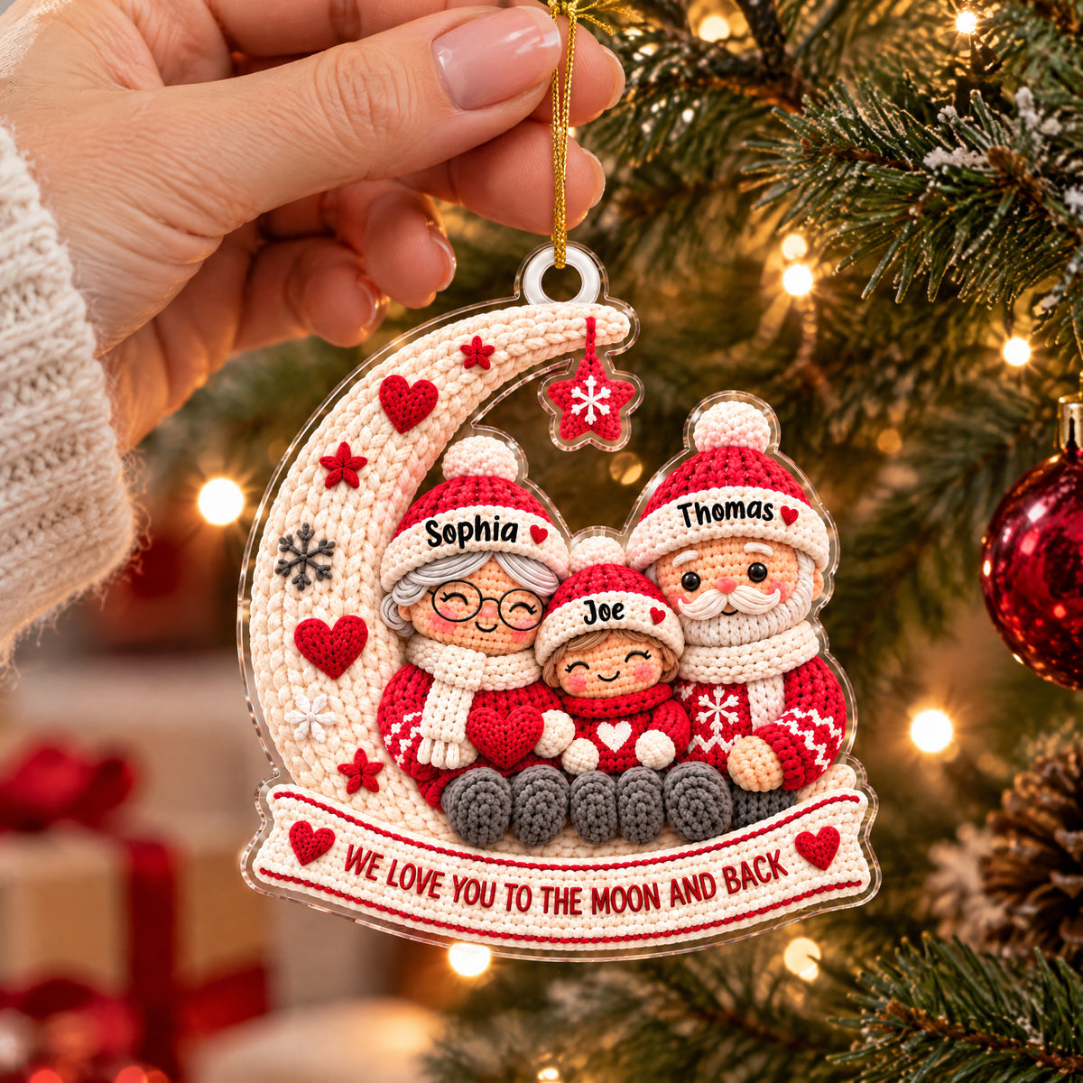 Knitted Grandparents and Granddaughter Family Moon - Personalized Acrylic Ornament, Christmas Gift for Grandma