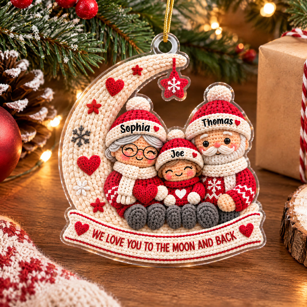 Knitted Grandparents and Granddaughter Family Moon - Personalized Acrylic Ornament, Christmas Gift for Grandma