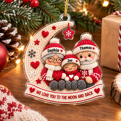 Knitted Grandparents and Granddaughter Family Moon - Personalized Acrylic Ornament, Christmas Gift for Grandma
