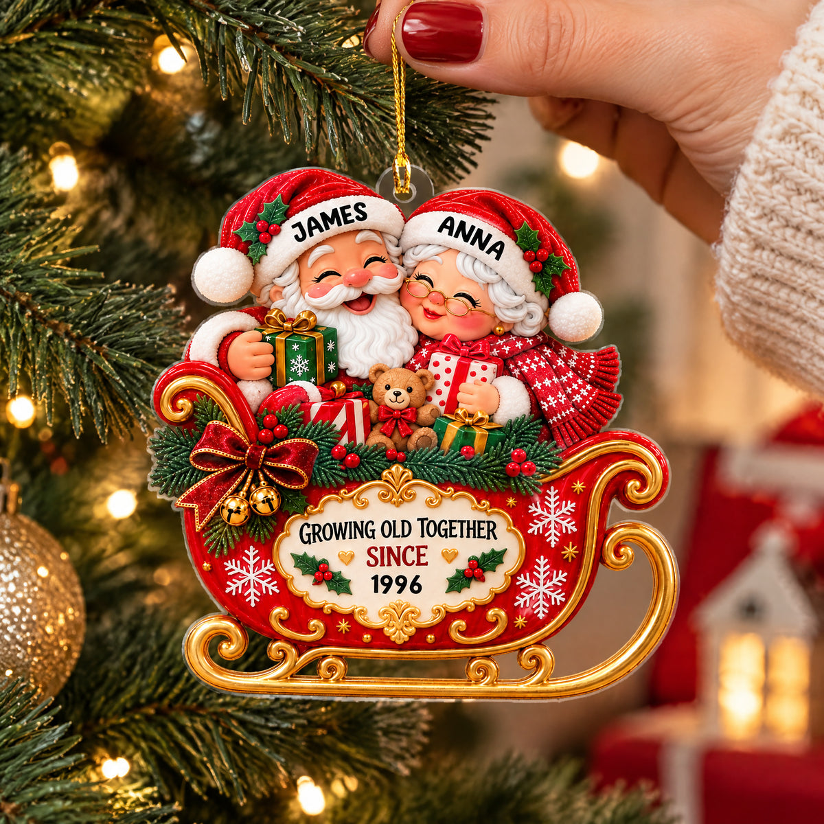Mr &amp; Mrs Claus Sleigh Christmas - Personalized Acrylic Ornament, Custom Couple Name Christmas Ornament, Anniversary Keepsake