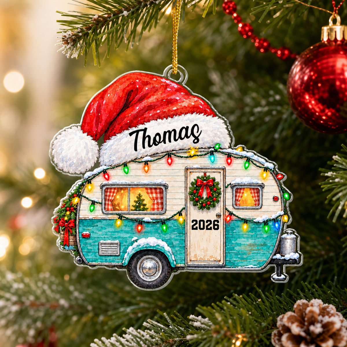 Watercolor Camper Santa Hat - Personalized Acrylic Ornament, Custom Name Camper Christmas Ornament, Gift For Camping Lovers