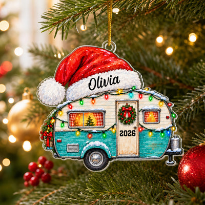 Watercolor Camper Santa Hat - Personalized Acrylic Ornament, Custom Name Camper Christmas Ornament, Gift For Camping Lovers