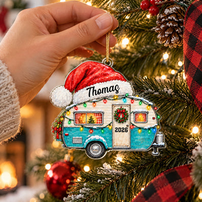 Watercolor Camper Santa Hat - Personalized Acrylic Ornament, Custom Name Camper Christmas Ornament, Gift For Camping Lovers
