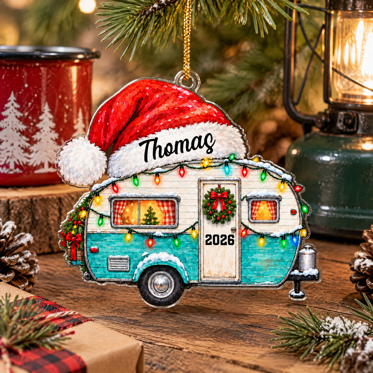 Watercolor Camper Santa Hat - Personalized Acrylic Ornament, Custom Name Camper Christmas Ornament, Gift For Camping Lovers