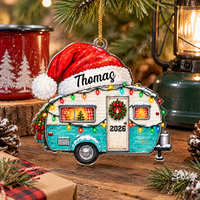Watercolor Camper Santa Hat - Personalized Acrylic Ornament, Custom Name Camper Christmas Ornament, Gift For Camping Lovers