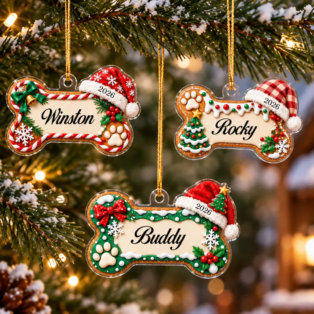 Personalized acrylic ornament dog name bone, three bone-shaped ornaments named Winston, Rocky and Buddy on a snowy branch