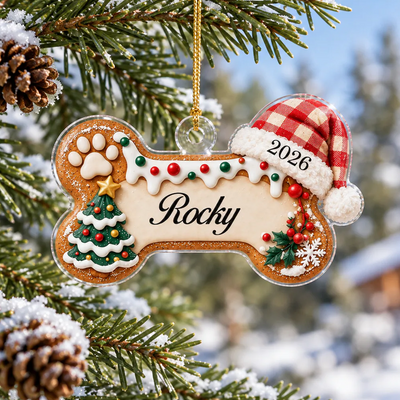 Personalized acrylic ornament dog name bone, close view of the Rocky ornament with Santa hat, paw print and tree