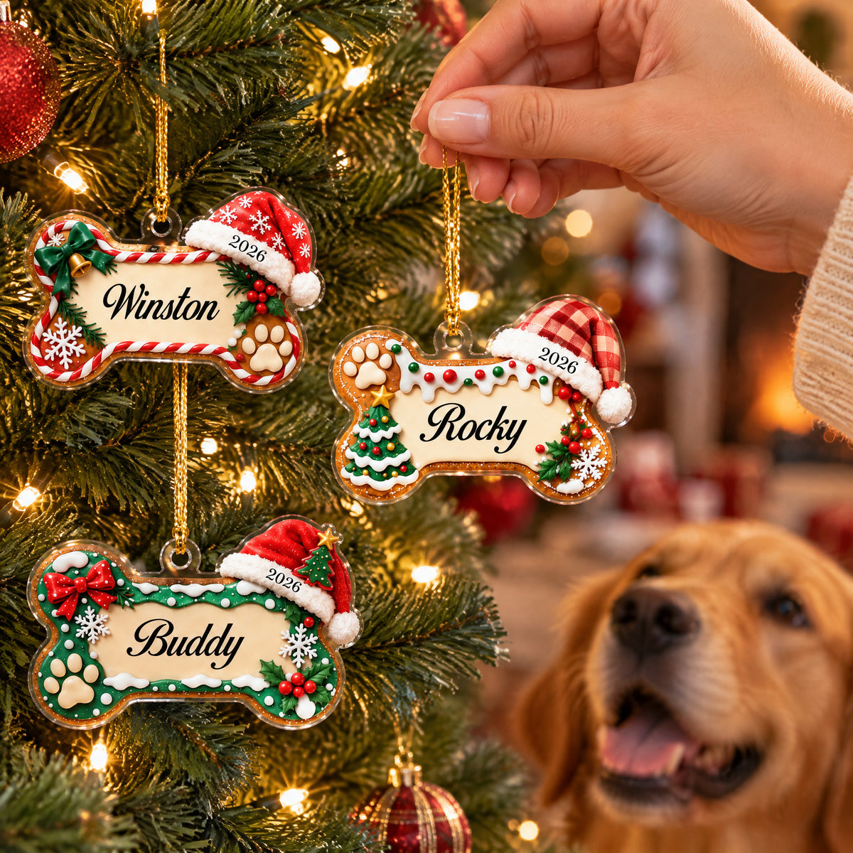 Personalized acrylic ornament dog name bone, hand holding Rocky ornament beside a golden retriever and lit tree