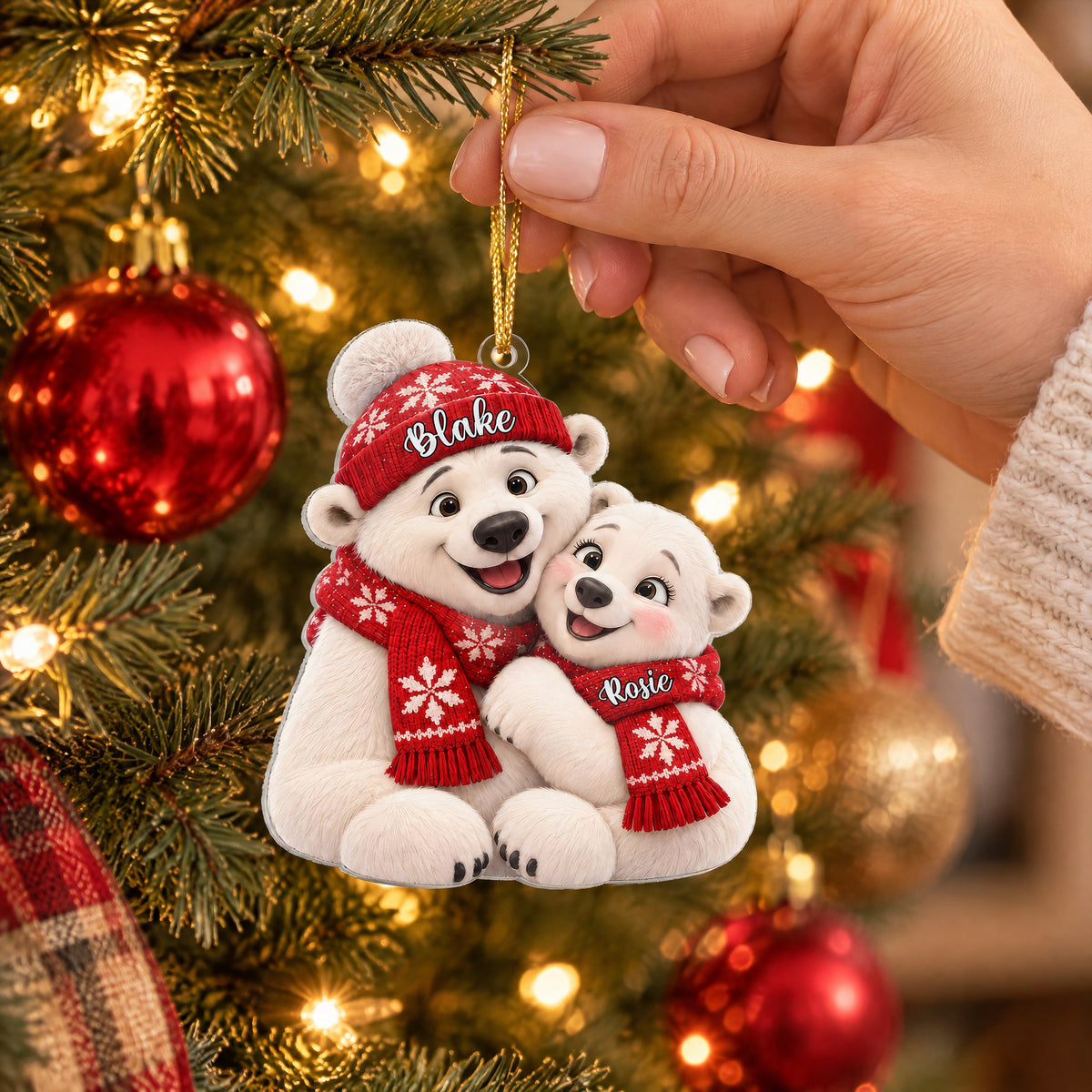 Personalized polar bear couple acrylic ornament held up on a Christmas tree with red and gold baubles
