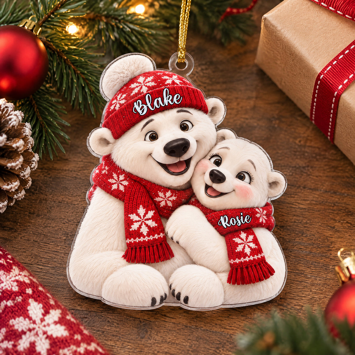 Personalized polar bear couple acrylic ornament lying on a wooden table beside a wrapped gift and pinecone