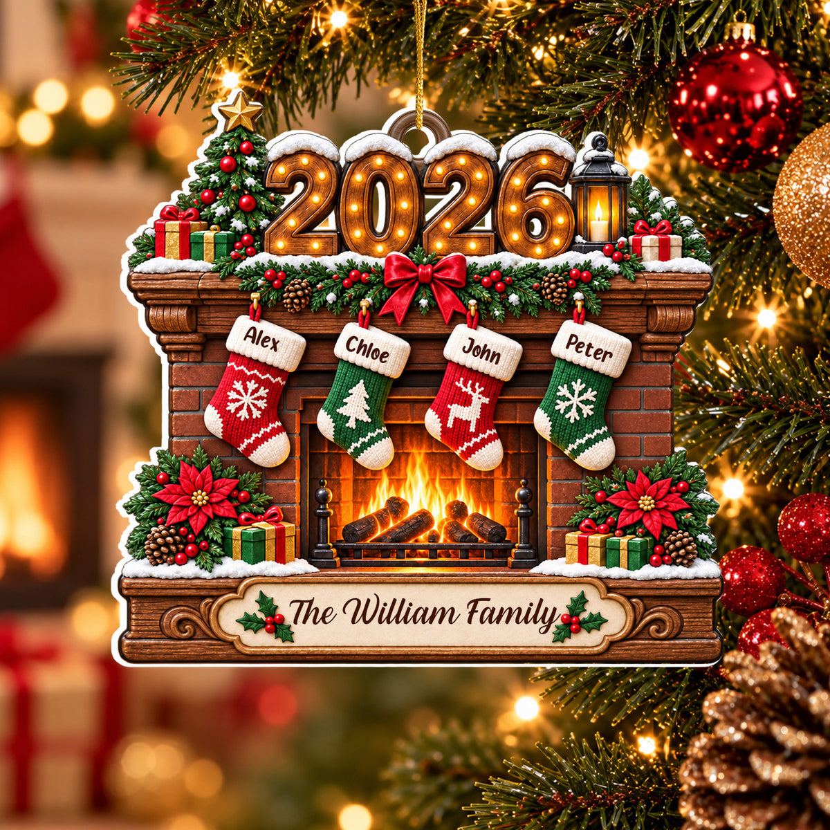 Family Hanging Stockings Fireplace - Personalized Acrylic Ornament, Christmas Gift, Family Home Decor