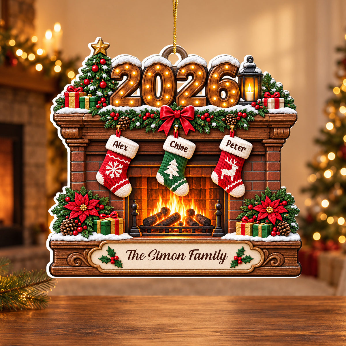Family Hanging Stockings Fireplace - Personalized Acrylic Ornament, Christmas Gift, Family Home Decor