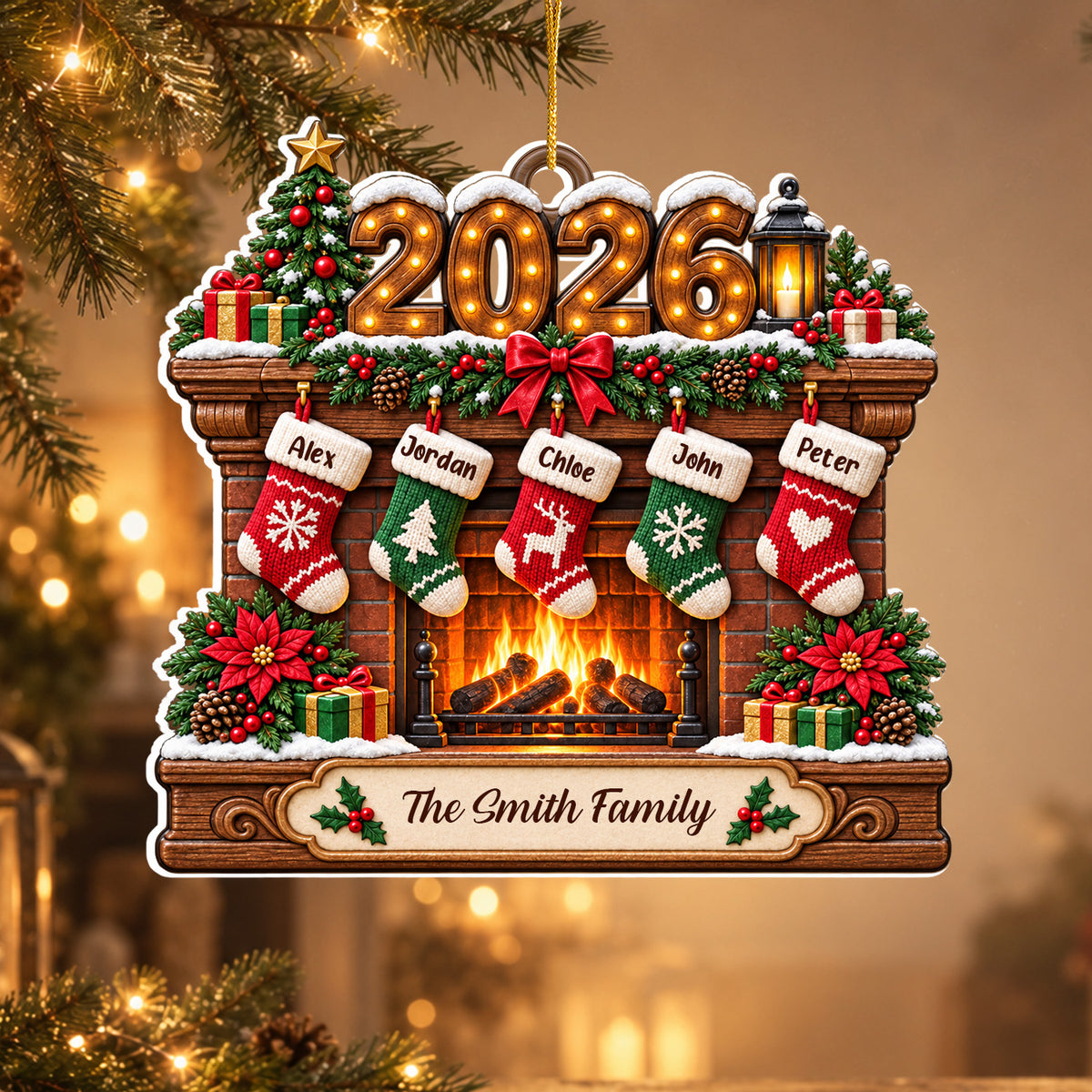 Family Hanging Stockings Fireplace - Personalized Acrylic Ornament, Christmas Gift, Family Home Decor