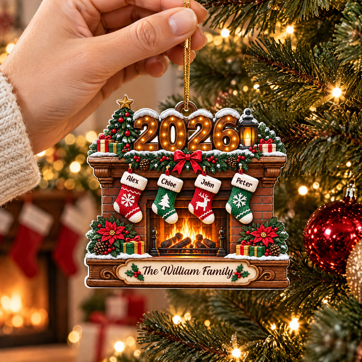 Family Hanging Stockings Fireplace - Personalized Acrylic Ornament, Christmas Gift, Family Home Decor