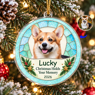 Personalized Christmas Memorial Acrylic Ornament hanging on a tree with a corgi photo, name Lucky and year 2026