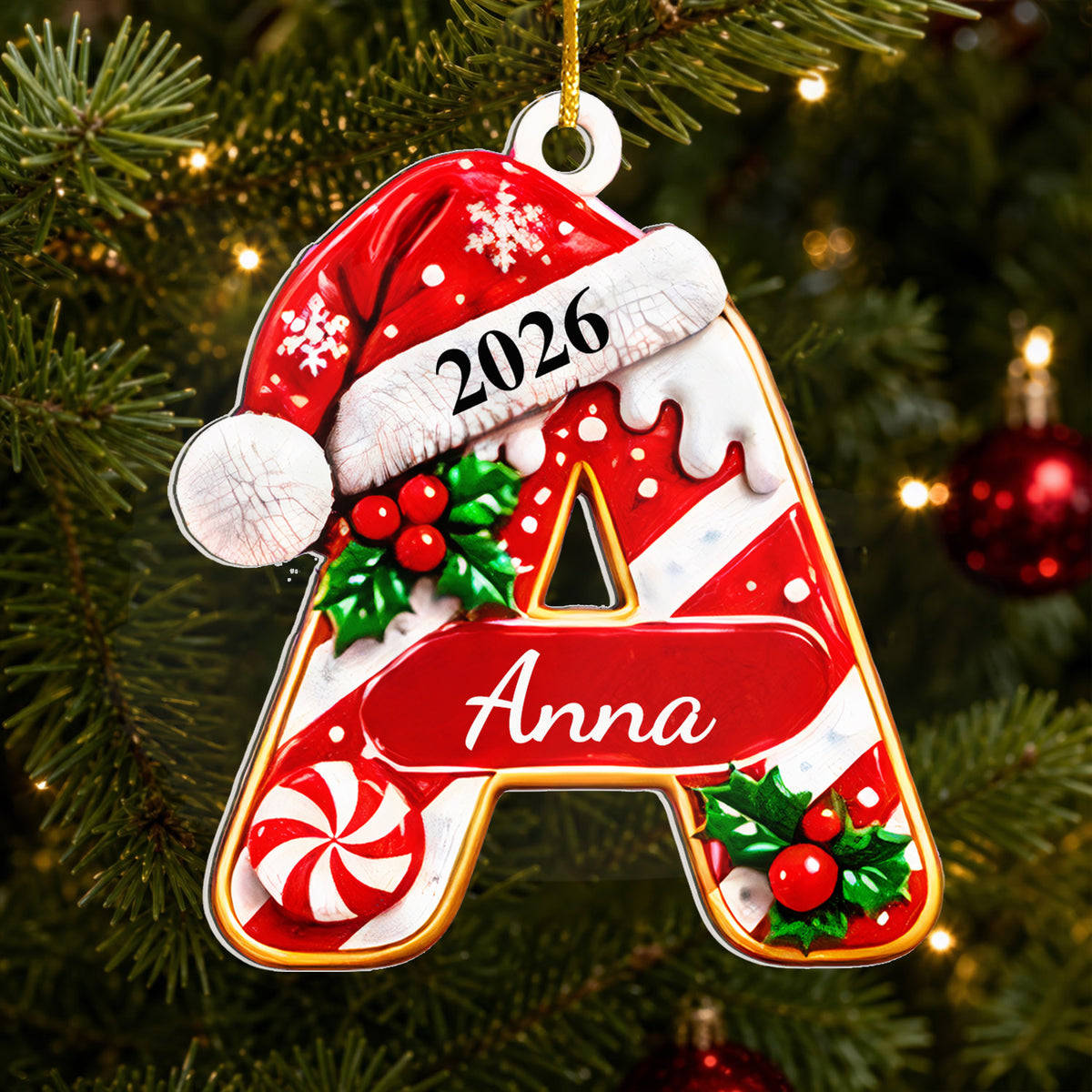 Initial Christmas- Personalized Acrylic Ornament, Custom Name Letter Acrylic Keepsake, Candy Cane Monogram Gift, Family Christmas Tree Decor