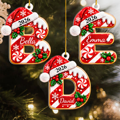 Initial Christmas- Personalized Acrylic Ornament, Custom Name Letter Acrylic Keepsake, Candy Cane Monogram Gift, Family Christmas Tree Decor