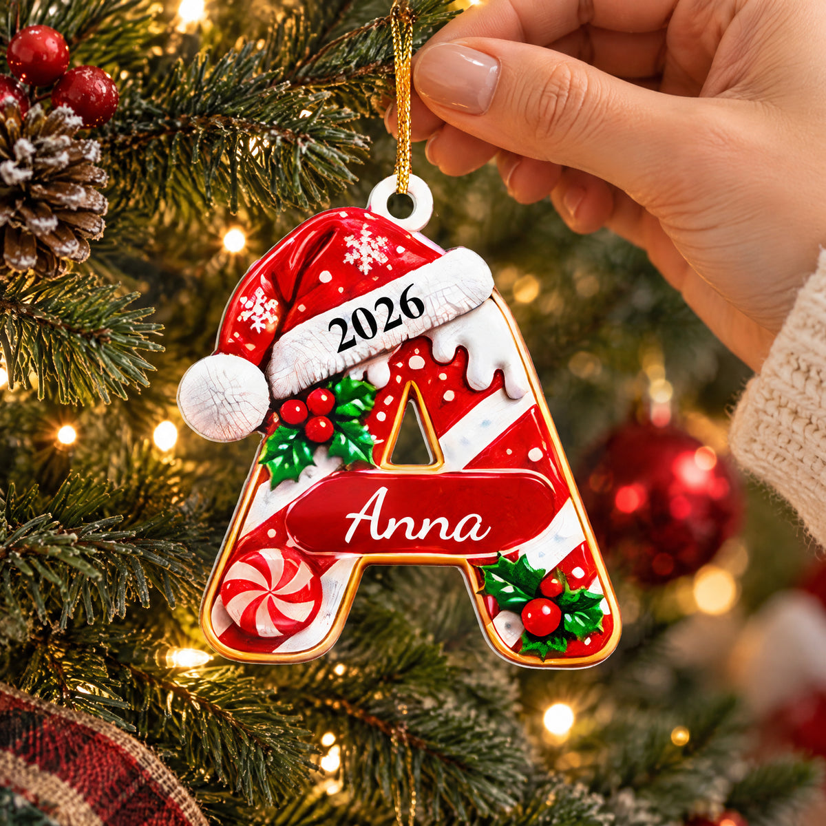 Initial Christmas- Personalized Acrylic Ornament, Custom Name Letter Acrylic Keepsake, Candy Cane Monogram Gift, Family Christmas Tree Decor