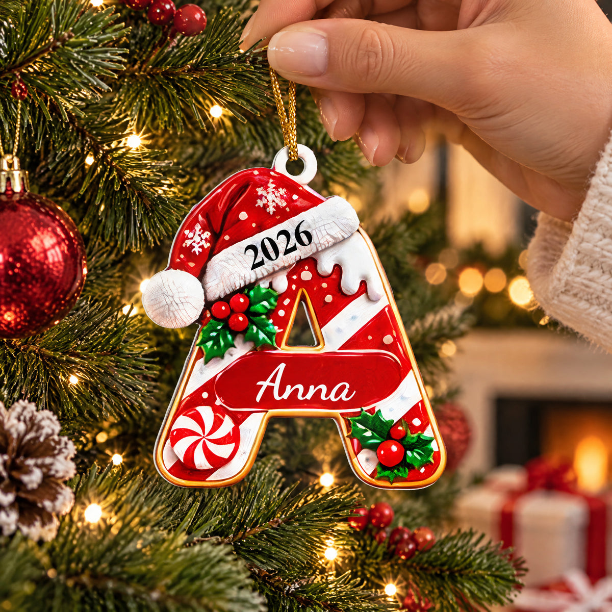 Initial Christmas- Personalized Acrylic Ornament, Custom Name Letter Acrylic Keepsake, Candy Cane Monogram Gift, Family Christmas Tree Decor