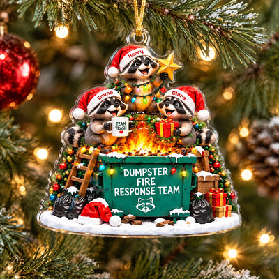 Personalized Acrylic Christmas Ornament showing three raccoons in Santa hats behind a dumpster with a star and gifts