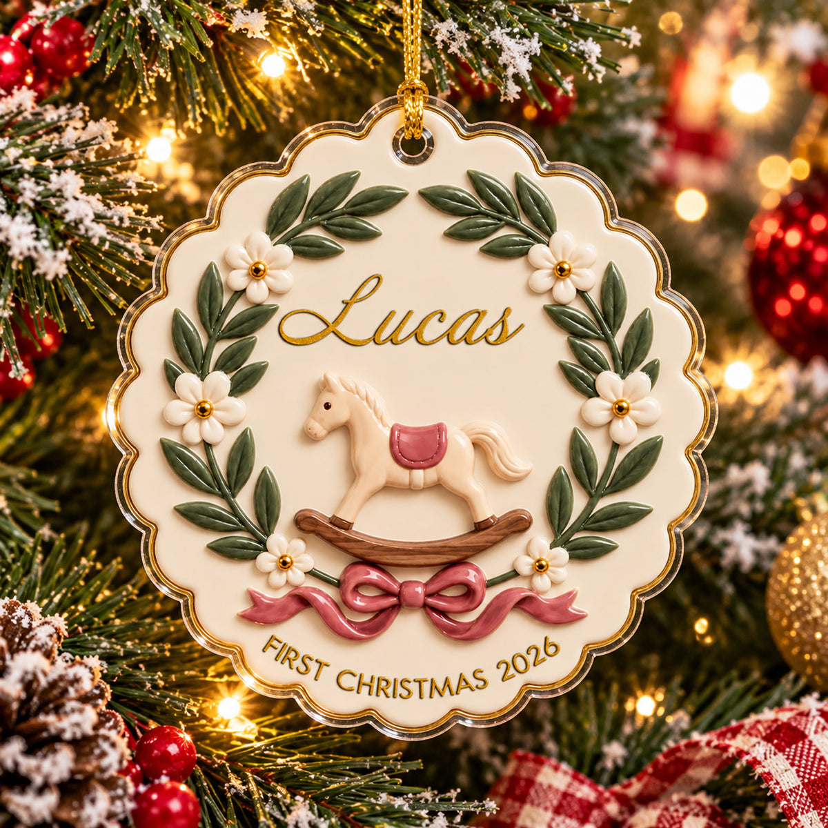 Personalized rocking horse baby acrylic ornament hanging on a snowy tree beside red baubles and plaid ribbon
