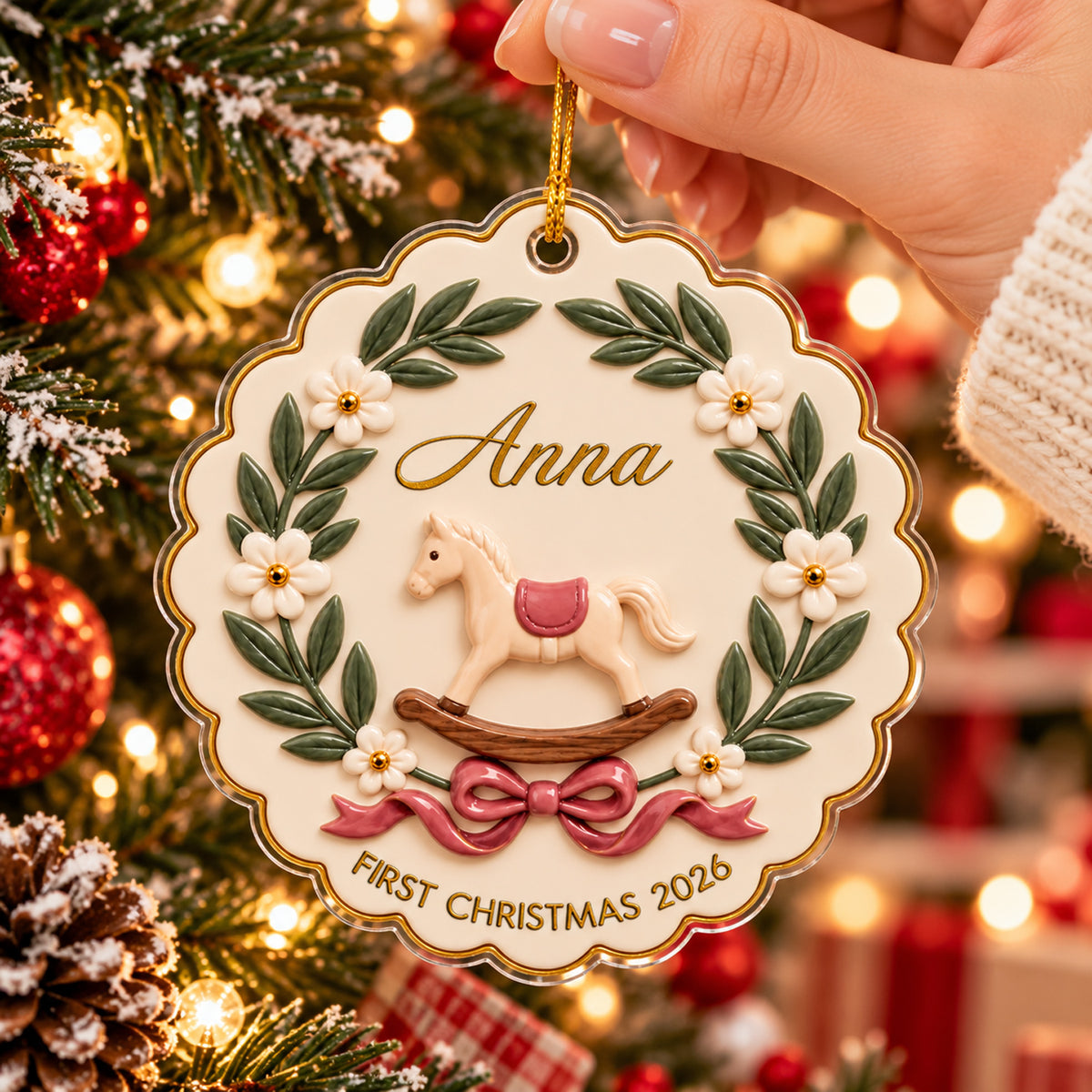 Personalized rocking horse baby acrylic ornament held by a hand in front of a lit tree, showing the name Anna