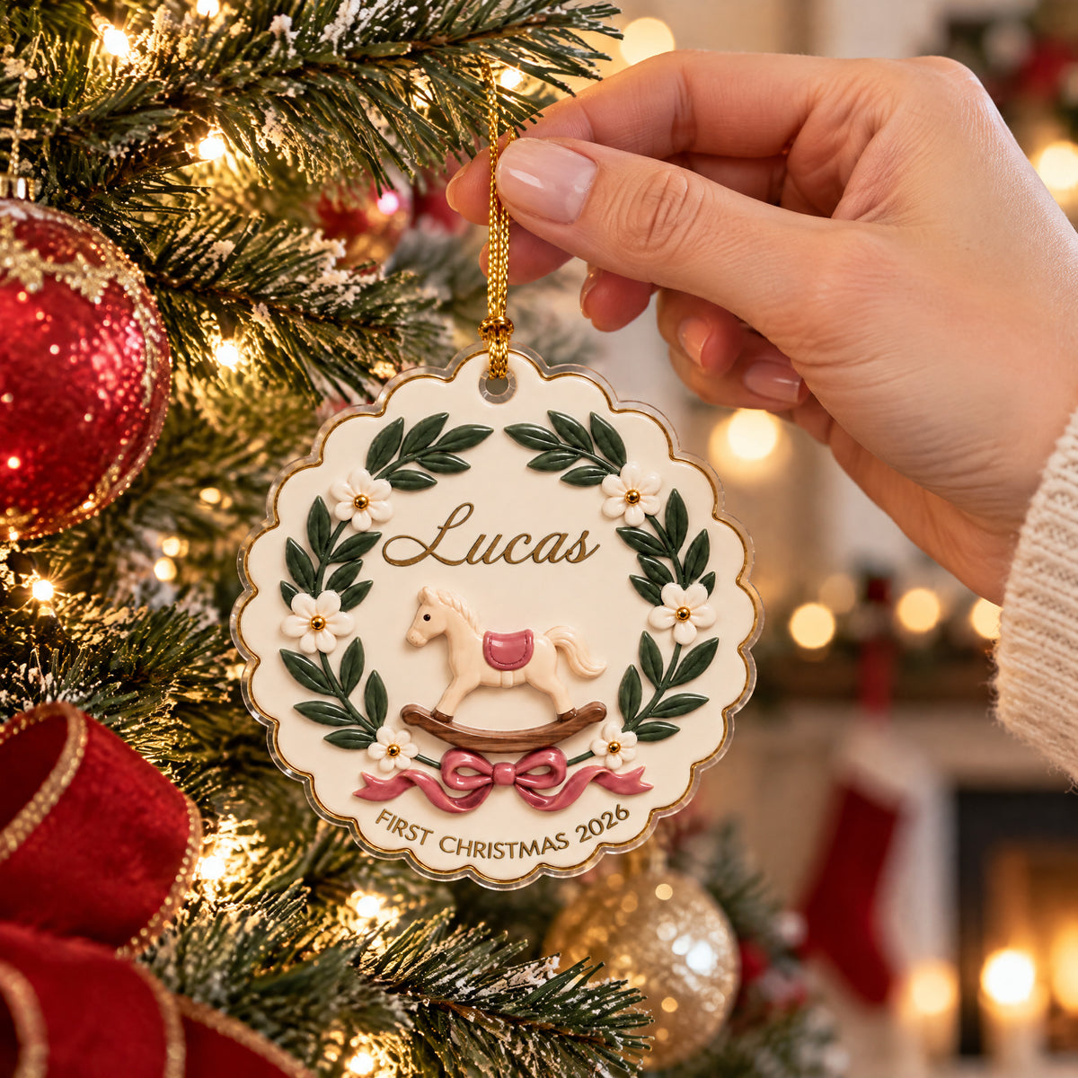 Personalized rocking horse baby acrylic ornament held up by its gold cord near a tree, stocking and fireplace glow