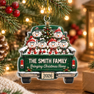 Bringing Christmas Home - Personalized Acrylic Ornament, Christmas Gift For Family, Snowman Christmas Gift