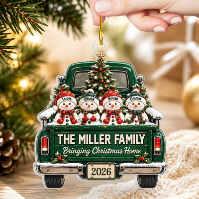 Bringing Christmas Home - Personalized Acrylic Ornament, Christmas Gift For Family, Snowman Christmas Gift