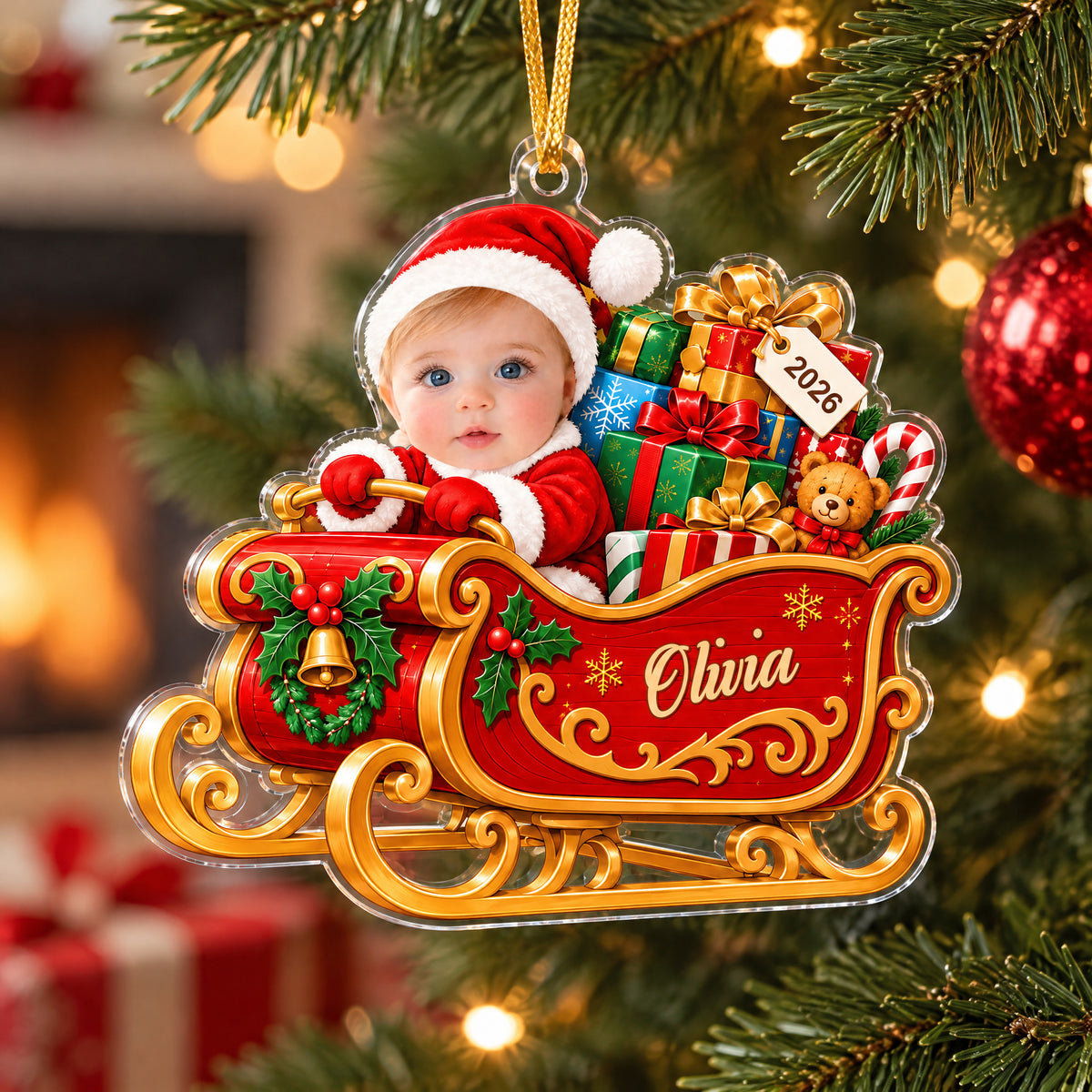 Personalized acrylic ornament baby sleigh on a pine branch with red bauble and blurred fireplace behind