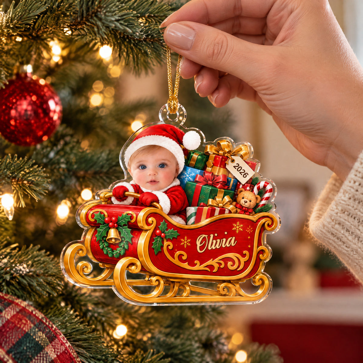 Personalized acrylic ornament baby sleigh held by a hand on its gold cord beside a lit tree