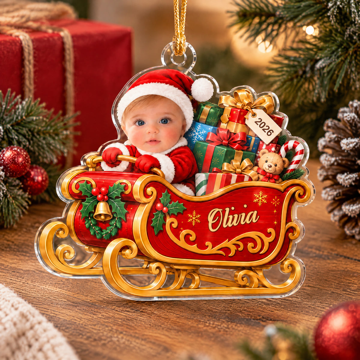 Personalized acrylic ornament baby sleigh standing on a wooden table with gift box, pinecone and red baubles