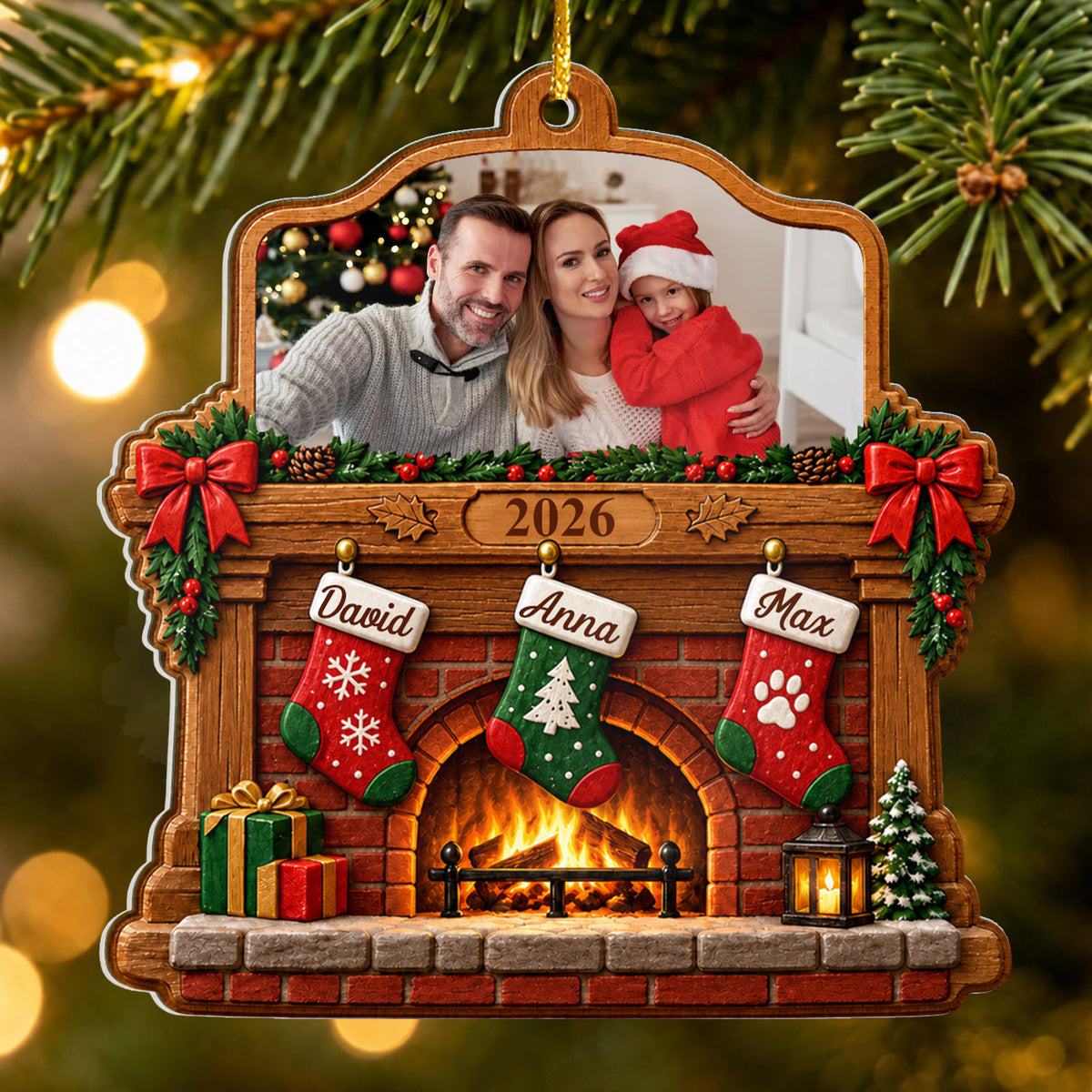 Family Stocking Brick Fireplace- Personalized Acrylic Ornament, Custom Name  Photo Christmas Ornament