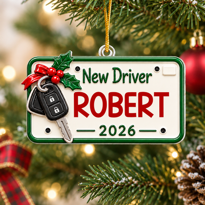 Personalized New Driver Acrylic Ornament with name Robert on a decorated tree with a plaid ribbon and pinecone