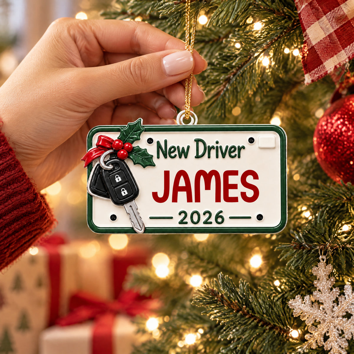 Personalized New Driver Acrylic Ornament held by a hand by its gold cord near a tree and wrapped gifts