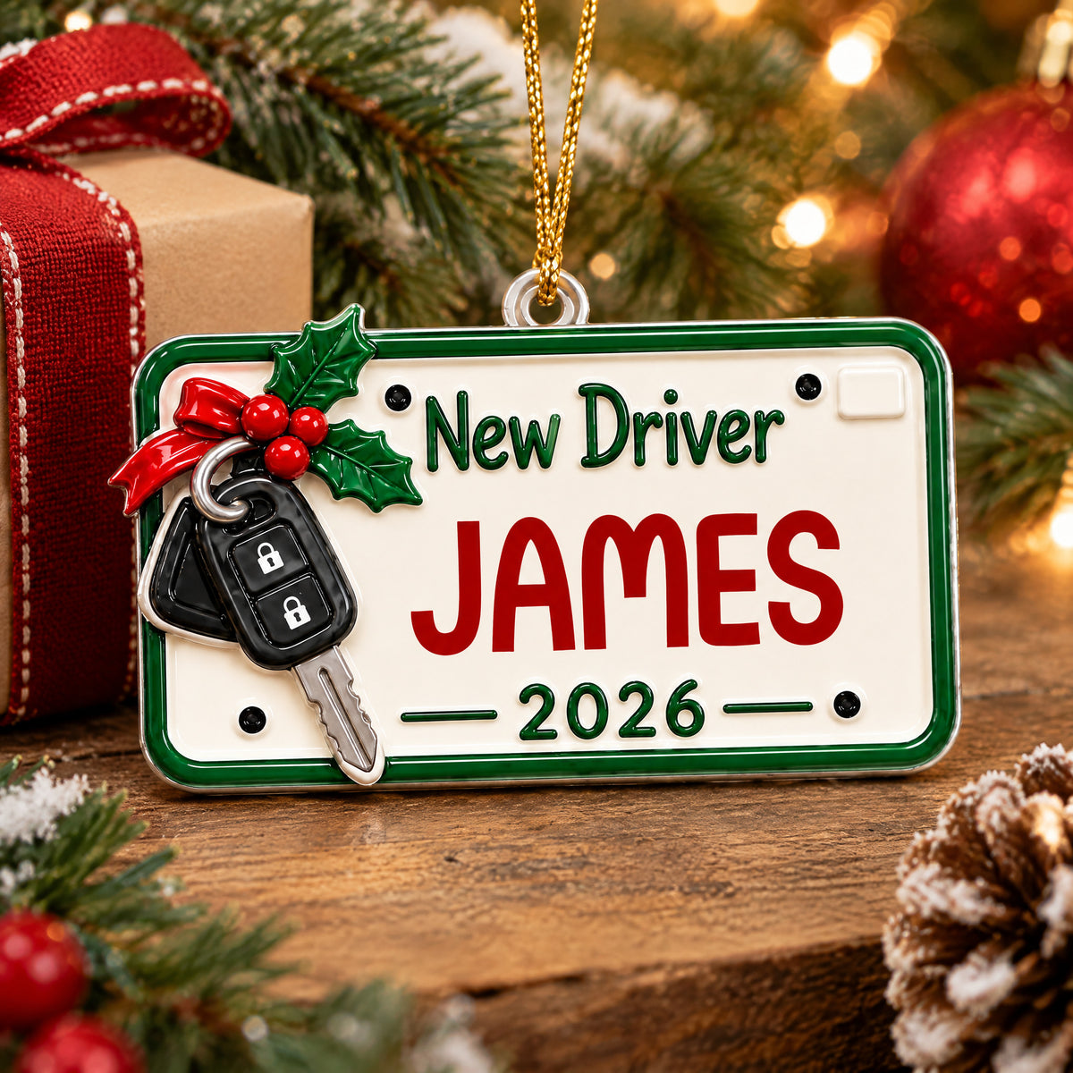 Personalized New Driver Acrylic Ornament lying on a wooden surface with a gift, pinecone and tree branches