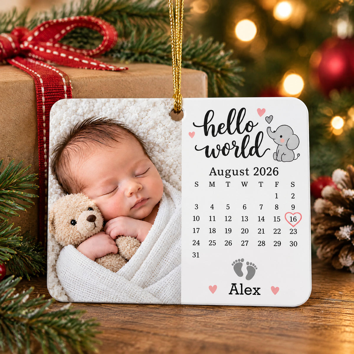Hellow World - Personalized Acrylic Ornament, Custom New Baby Calendar Photo Gift, First Christmas Ornament