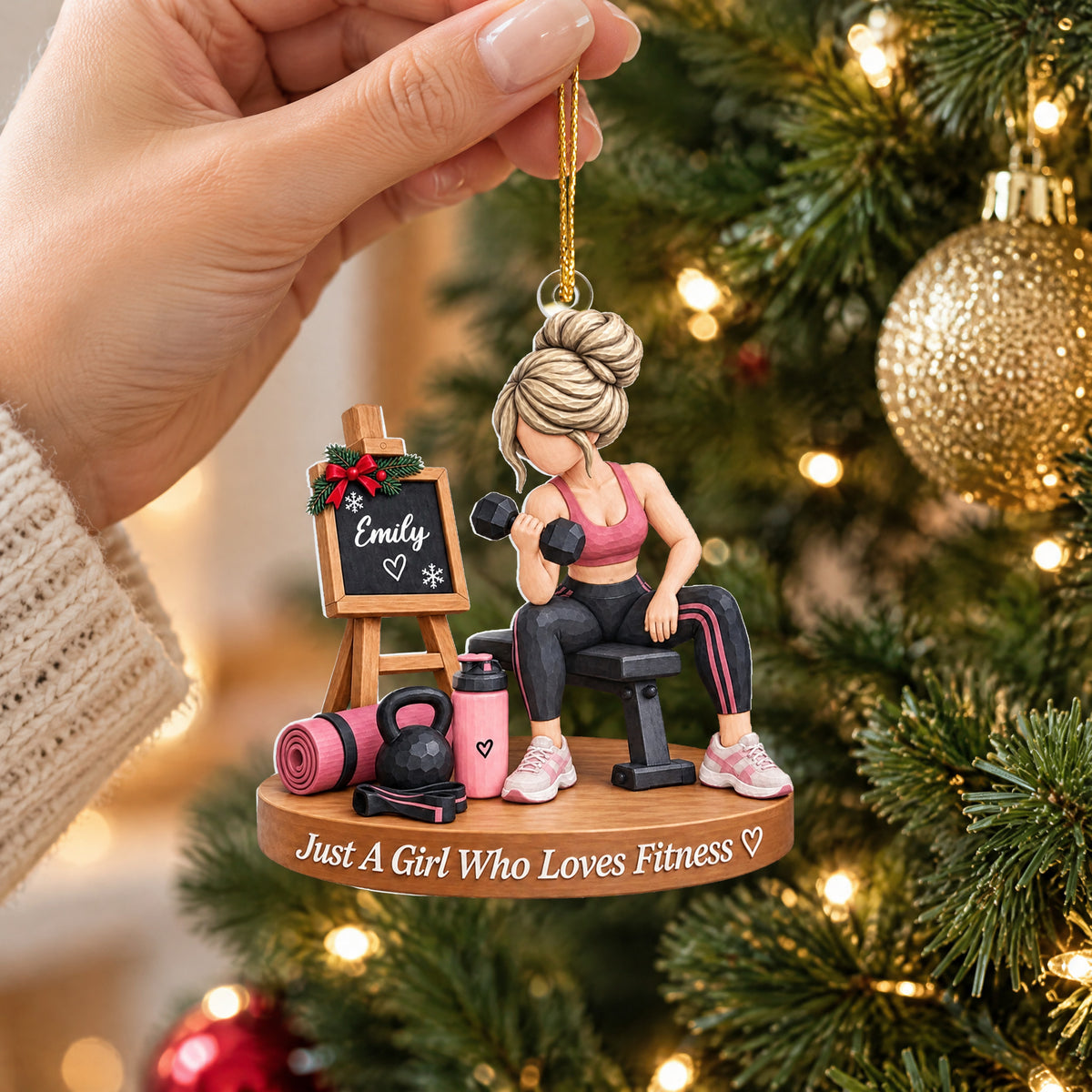 Personalized fitness girl acrylic ornament held by gold cord in a hand near gold bauble and tree lights