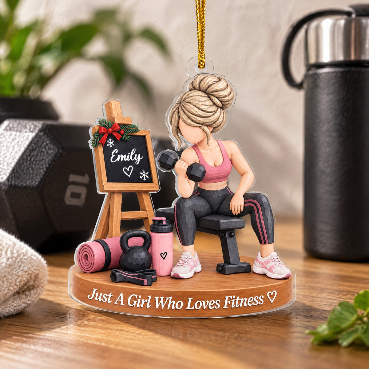 Personalized fitness girl acrylic ornament standing on a wooden surface with dumbbell and towel behind