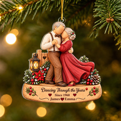 Personalized Acrylic Ornament Dancing Couple hanging on a pine branch, names James and Emma, Since 1960 on the base