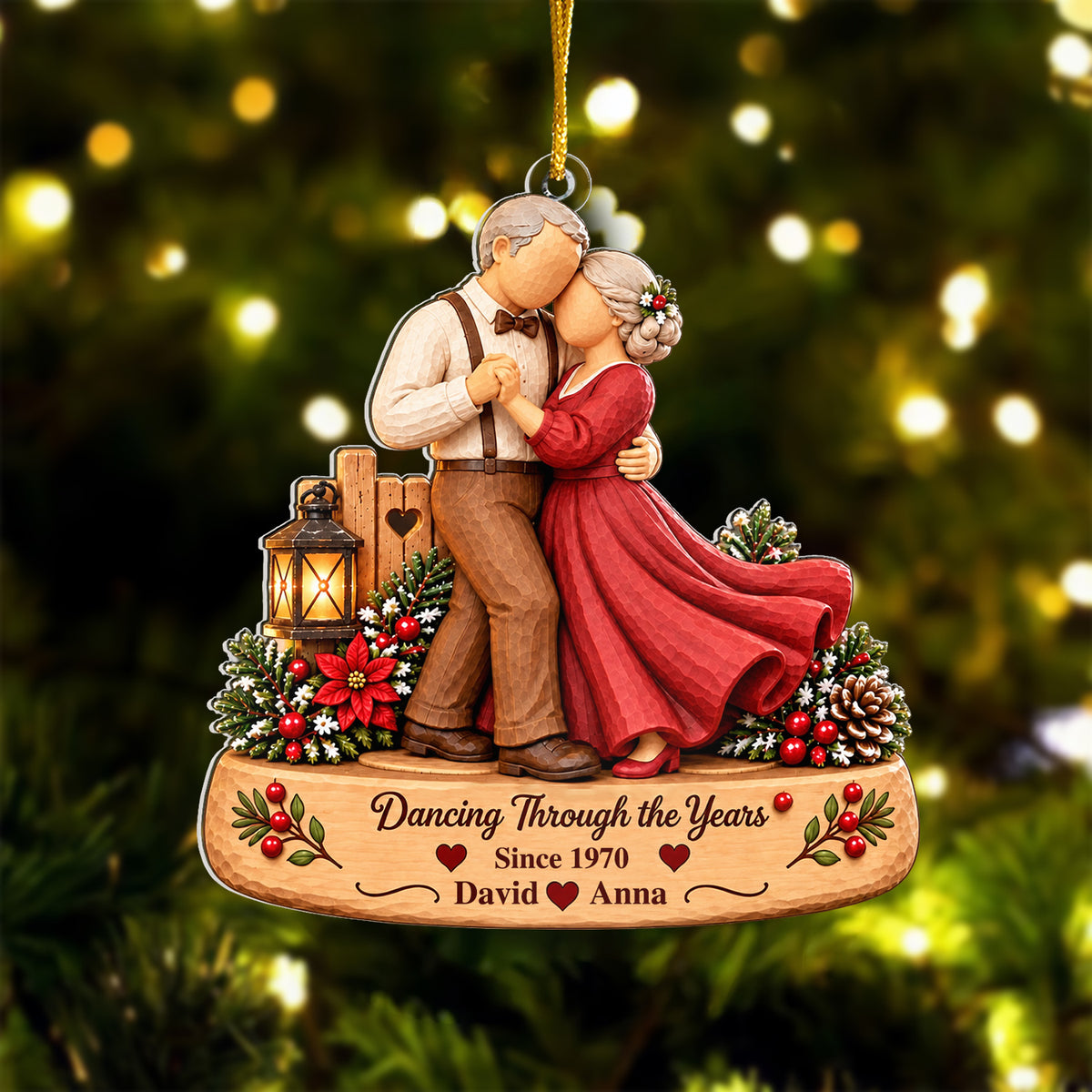 Personalized Acrylic Ornament Dancing Couple on a tree with glowing lights, names David and Anna, Since 1970