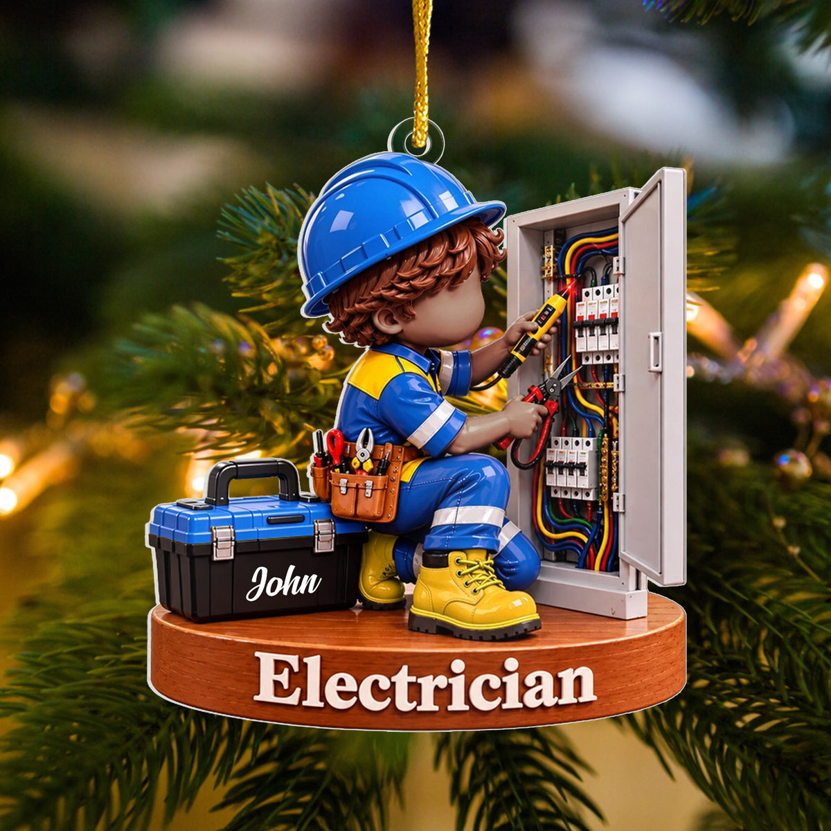 Personalized acrylic electrician Christmas ornament with brown-haired figure and John toolbox on a pine branch