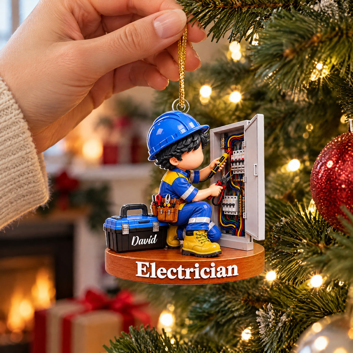 Personalized acrylic electrician Christmas ornament held by a hand near a lit tree, red bauble and gifts behind