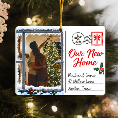 Personaliozed Rectangular Acrylic Ornament hanging on a lit tree, couple hugging by a tree in a snowy window photo